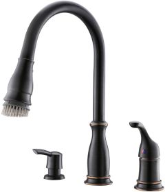 APPASO 3 Hole Kitchen Faucet with Pull Down Sprayer Bronze, 2-Hole Pull Out Kitchen Sink Faucet with Side Single Handle and Soap Dispenser